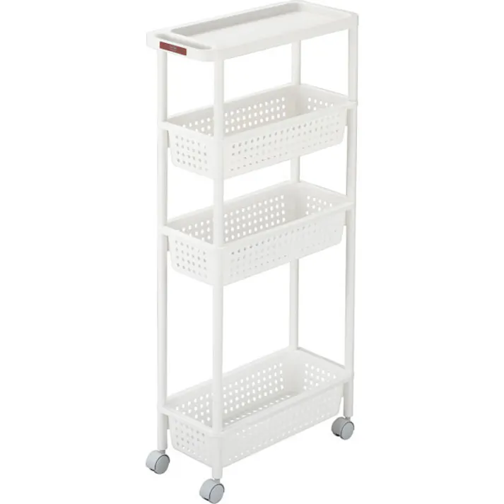 SANKA squ+ サンカ キッチンワゴン スリムワゴン (幅21cm) 4段 ホワイト 簡単組立 通気性の良い穴あきバスケット キャスター付き 日本製 (幅21.5×奥行48×高さ101cm) 隙間収納 スリムラック キッチン 洗面所 CG2-S4WH-1【別送品】