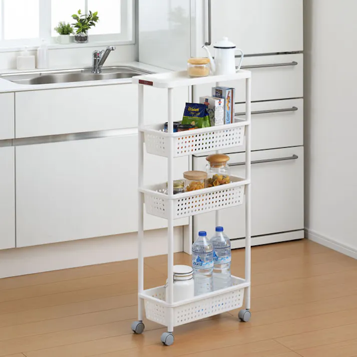 SANKA squ+ サンカ キッチンワゴン スリムワゴン (幅21cm) 4段 ホワイト 簡単組立 通気性の良い穴あきバスケット キャスター付き 日本製 (幅21.5×奥行48×高さ101cm) 隙間収納 スリムラック キッチン 洗面所 CG2-S4WH-1【別送品】