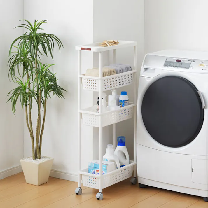 SANKA squ+ サンカ キッチンワゴン スリムワゴン (幅21cm) 4段 ホワイト 簡単組立 通気性の良い穴あきバスケット キャスター付き 日本製 (幅21.5×奥行48×高さ101cm) 隙間収納 スリムラック キッチン 洗面所 CG2-S4WH-1【別送品】