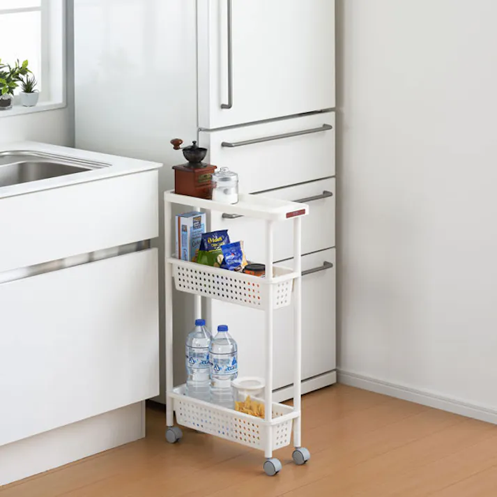 SANKA squ+ サンカ キッチンワゴン スリムワゴン (幅16cm) 3段 ホワイト簡単組立通気性の良い穴あきバスケット キャスター付き 日本製 (幅16.5×奥行48×高さ77cm) 隙間収納 スリムラック キッチン 洗面所 スリム 棚 カーゴ CG2-SS3WH-1【別送品】
