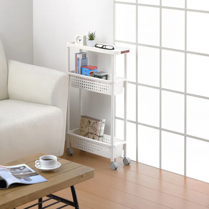 SANKA squ+ サンカ キッチンワゴン スリムワゴン (幅16cm) 3段 ホワイト簡単組立通気性の良い穴あきバスケット キャスター付き 日本製 (幅16.5×奥行48×高さ77cm) 隙間収納 スリムラック キッチン 洗面所 スリム 棚 カーゴ CG2-SS3WH-1【別送品】
