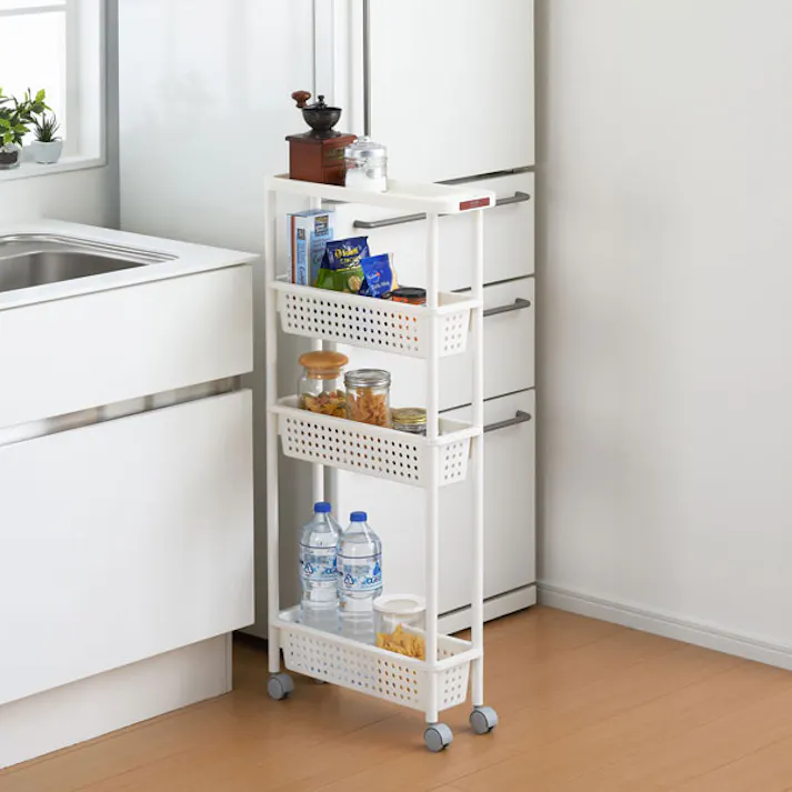 SANKA squ+ サンカ キッチンワゴン スリムワゴン (幅16cm) 4段 ホワイト簡単組立 通気性の良い穴あきバスケット キャスター付き 日本製 (幅16.5×奥行48×高さ101cm) 隙間収納 スリムラック キッチン 洗面所 CG2-SS4WH-1【別送品】