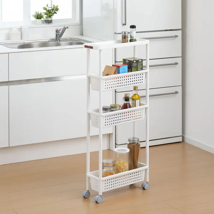 SANKA squ+ サンカ キッチンワゴン スリムワゴン (幅16cm) 4段 ホワイト簡単組立 通気性の良い穴あきバスケット キャスター付き 日本製 (幅16.5×奥行48×高さ101cm) 隙間収納 スリムラック キッチン 洗面所 CG2-SS4WH-1【別送品】