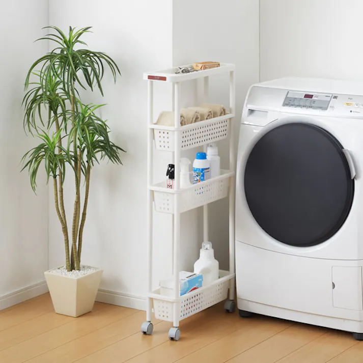 SANKA squ+ サンカ キッチンワゴン スリムワゴン (幅16cm) 4段 ホワイト簡単組立 通気性の良い穴あきバスケット キャスター付き 日本製 (幅16.5×奥行48×高さ101cm) 隙間収納 スリムラック キッチン 洗面所 CG2-SS4WH-1【別送品】