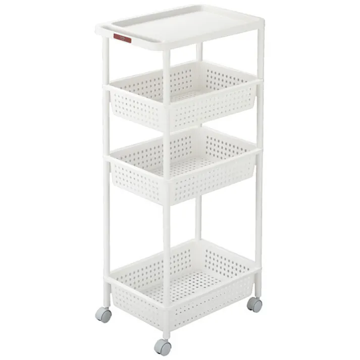 SANKA squ+ サンカ キッチンワゴン ワイドワゴン 4段 幅32cm ワイドタイプ ホワイト 簡単組立 通気性の良い穴あきバスケット キャスター付き 日本製 (幅32.5×奥行48×高さ101cm) キッチン 洗面所 棚 ラック カーゴ CG2-W4WH-1【別送品】