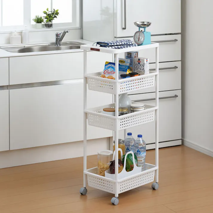 SANKA squ+ サンカ キッチンワゴン ワイドワゴン 4段 幅32cm ワイドタイプ ホワイト 簡単組立 通気性の良い穴あきバスケット キャスター付き 日本製 (幅32.5×奥行48×高さ101cm) キッチン 洗面所 棚 ラック カーゴ CG2-W4WH-1【別送品】
