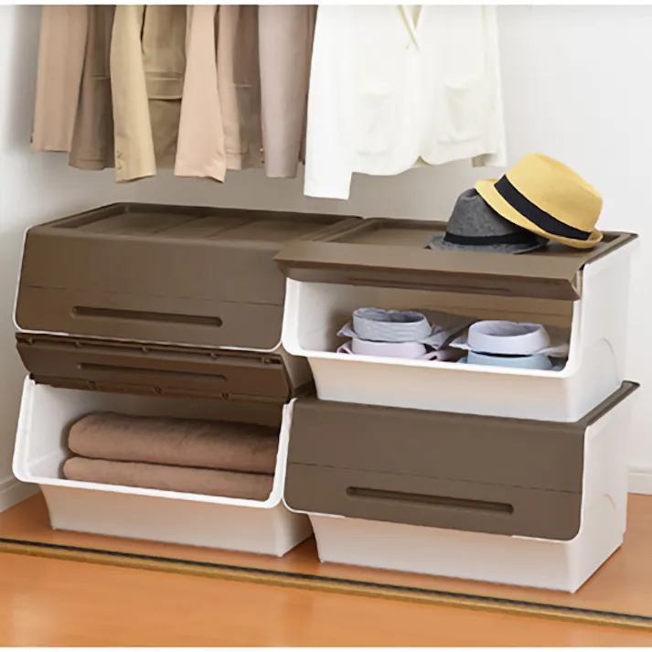 SANKA squ+ サンカ フロック 重ねて使える蓋付き衣装ケース ワイド froq fr-W30NBRWH 2個組 ブラウン 大容量収納 引き出さずに使える前面開閉式 カパっとひらく固定できるフタ 日本製(幅57×奥行46×高さ31cm) fr-W30NBRWH-2【別送品】