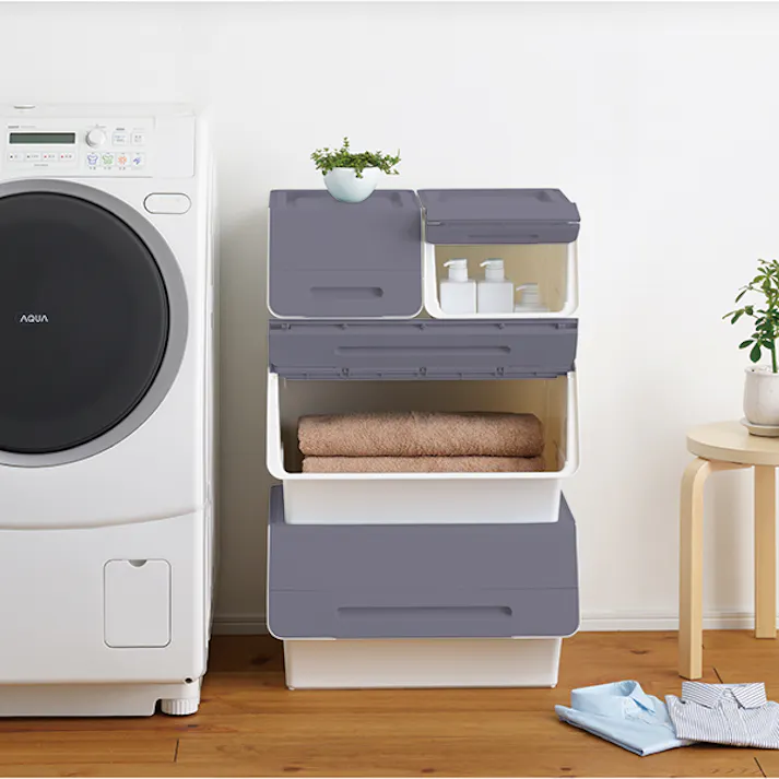 SANKA squ+ サンカ フロック 重ねて使える蓋付き衣装ケース ワイド froq fr-W30NVWH 3個組 サンド ネイビー 大容量収納 引き出さずに使える前面開閉式 カパっとひらく固定できるフタ日本製(幅57×奥行46×高さ31cm) fr-W30NVWH-3【別送品】