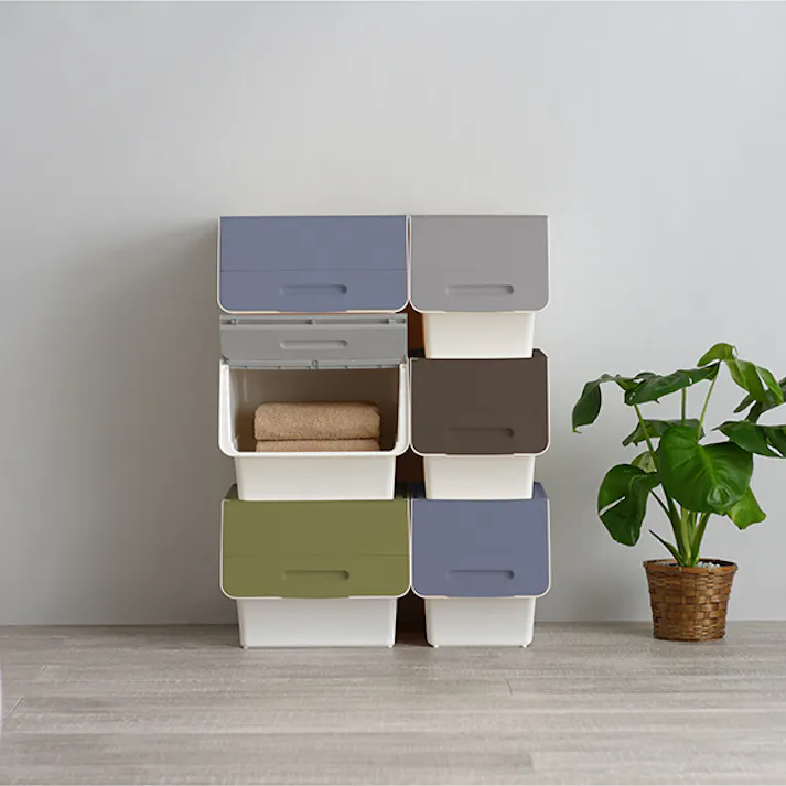 SANKA squ+ サンカ フロック 重ねて使える蓋付き衣装ケース ワイド froq fr-W30NVWH 3個組 サンド ネイビー 大容量収納 引き出さずに使える前面開閉式 カパっとひらく固定できるフタ日本製(幅57×奥行46×高さ31cm) fr-W30NVWH-3【別送品】