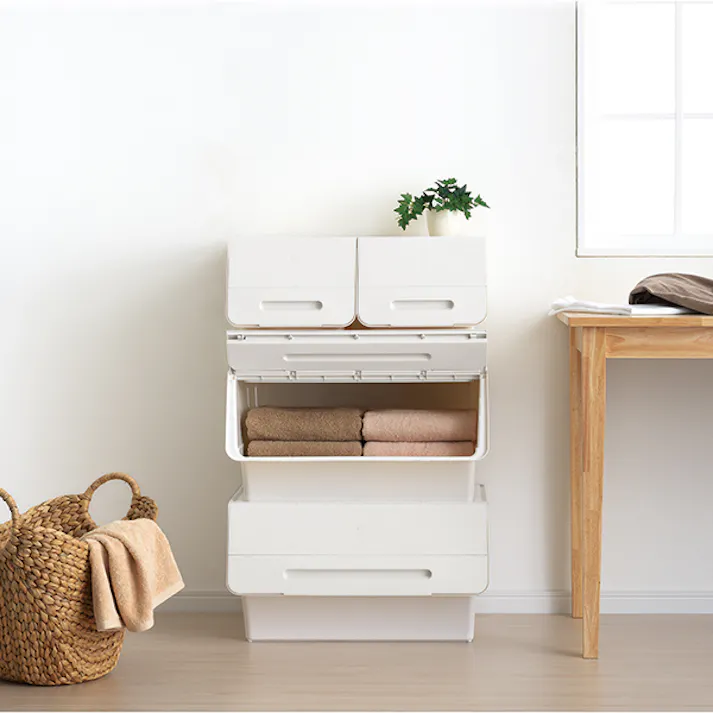 SANKA squ+ サンカ フロック 重ねて使える蓋付き衣装ケース ワイド froq fr-W30NWHWH 2個組 ホワイト 大容量収納 引き出さずに使える前面開閉式 カパっとひらく固定できるフタ 日本製(幅57×奥行46×高さ31cm) fr-W30NWHWH-2【別送品】