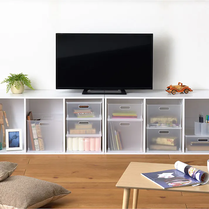 SANKA squ+ サンカ インボックス 収納ボックス 横型 NIB-YMCL 12個組 ハーフサイズ クリア (幅26.3x奥行26.3x高さ17.8cm) 横置きカラーボックスにぴったりフィット 3方向取っ手付き 積み重ね可能 日本製 NIB-YMCL-12【別送品】