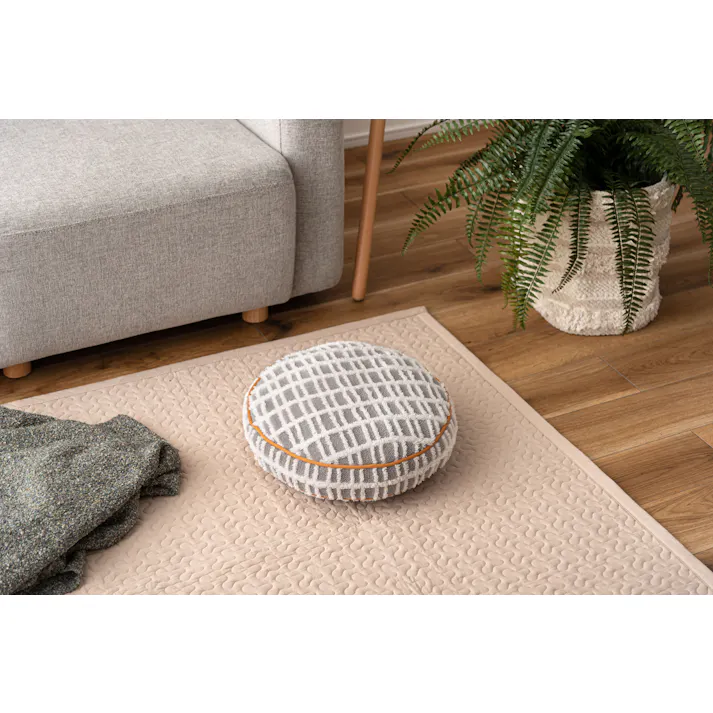 Room Essence ラウンドボアチェックークッション 約W34×D34×H16 グレー 完成品 クッション チェック柄 もこもこ ふんわり 可愛い 北欧風 くすみカラー シンプル ナチュラル もちもち ボア GLK-214GY【別送品】