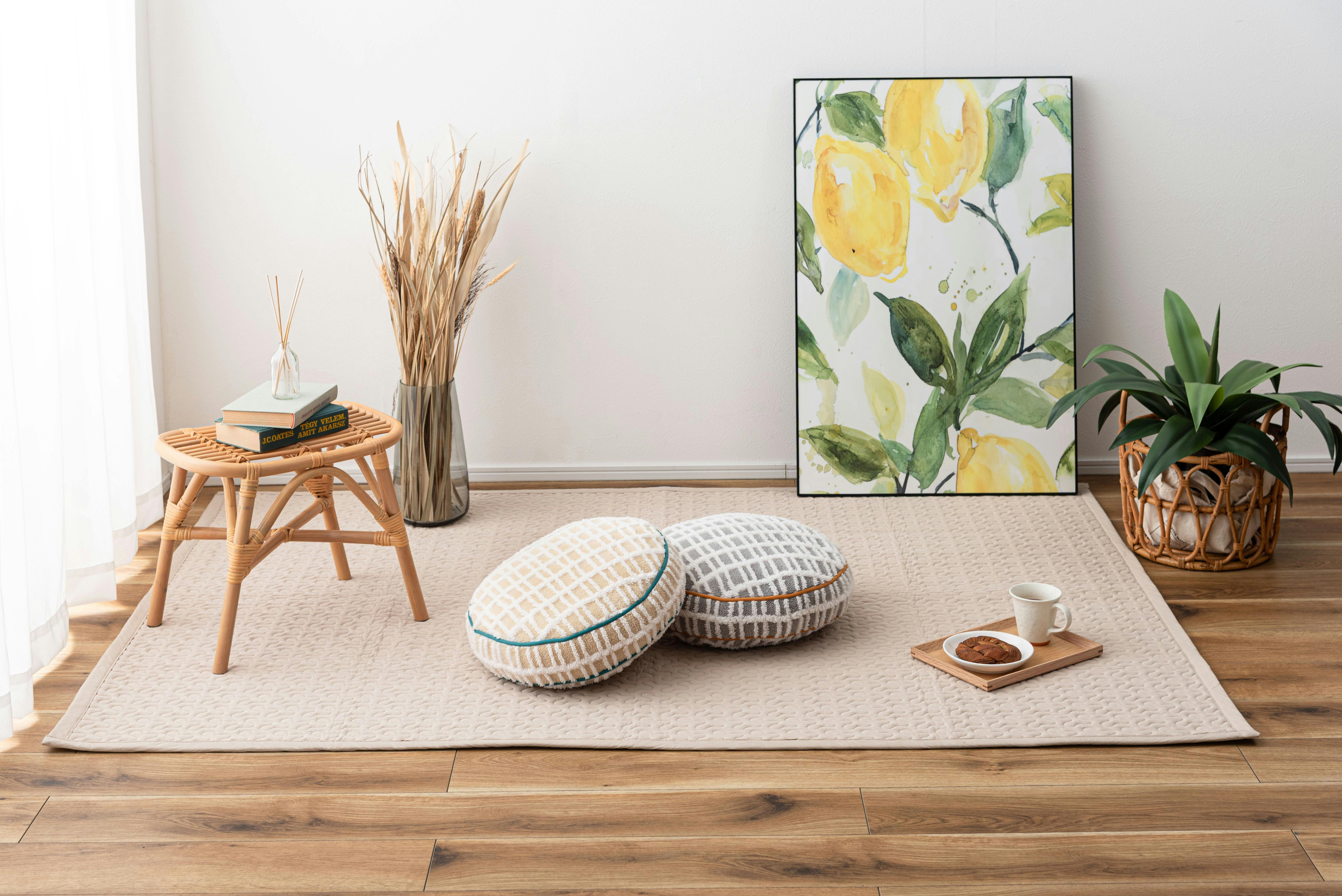 Room Essence ラウンドボアチェックークッション 約W34×D34×H16 グレー