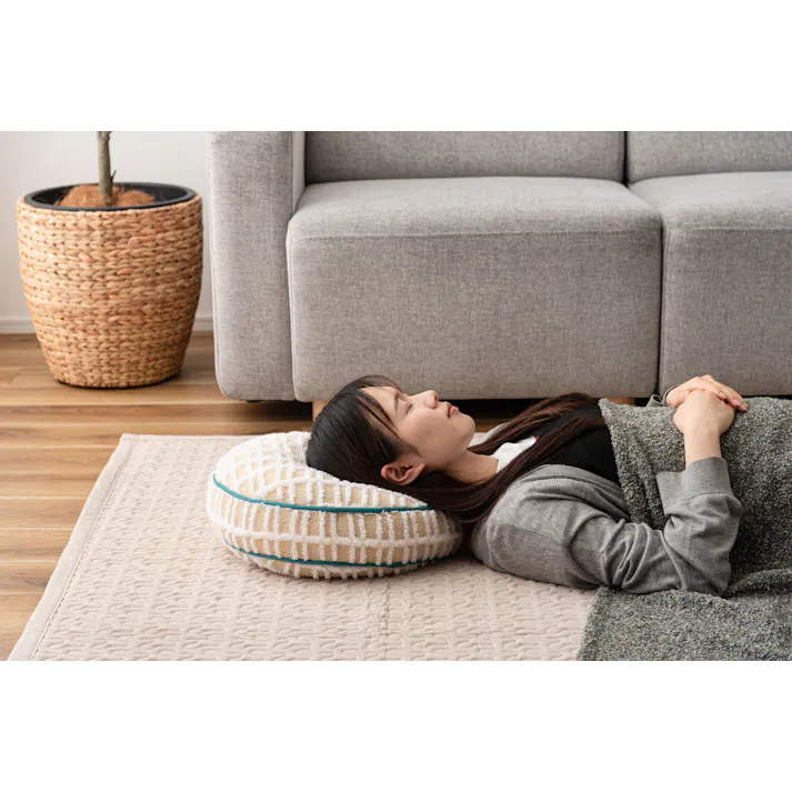 Room Essence ラウンドボアチェックークッション 約W34×D34×H16 アイボリー 完成品 クッション チェック柄 もこもこ ふんわり 可愛い 北欧風 くすみカラー シンプル ナチュラル もちもち ボア GLK-214IV【別送品】