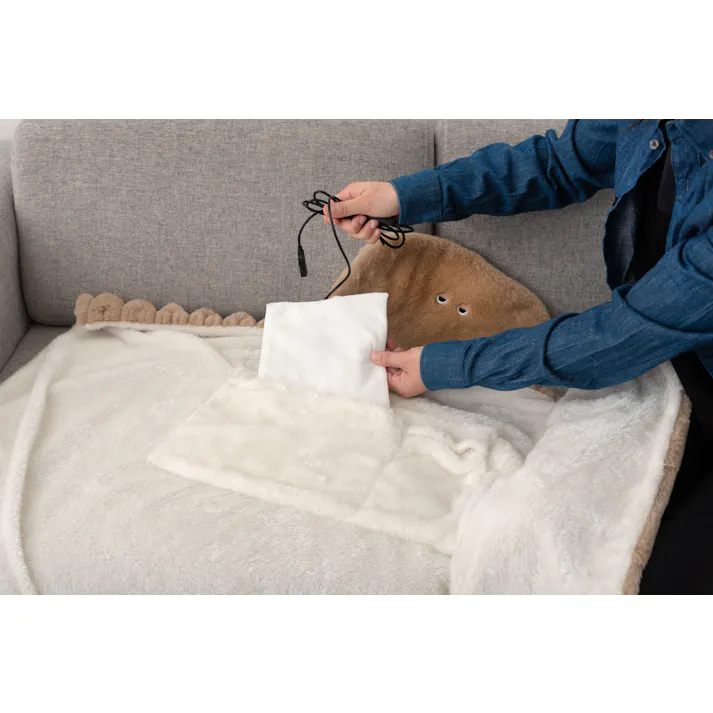 Room Essence USBブランケット 約W100×D70×H2 ベージュ 完成品 ブランケット あったかグッズ 冷え性対策 ポコポコ ポケット付き コンパクト かわいい おめめ 目 個性的 ヒーター クッション 収納 洗濯 ベージュ GLK-220BE【別送品】