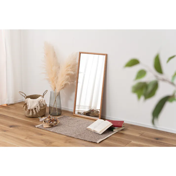 Room Essence ウォールミラー W80×D40×H3 ナチュラル 完成品 鏡 かがみ 壁 壁掛け 姿見 長方形 80×40 40×80 木製 天然木 オーク ドレッサー 玄関 リビング 飛散防止 シンプル 韓国 韓国インテリア 北欧 カントリー MTK-310NA【別送品】
