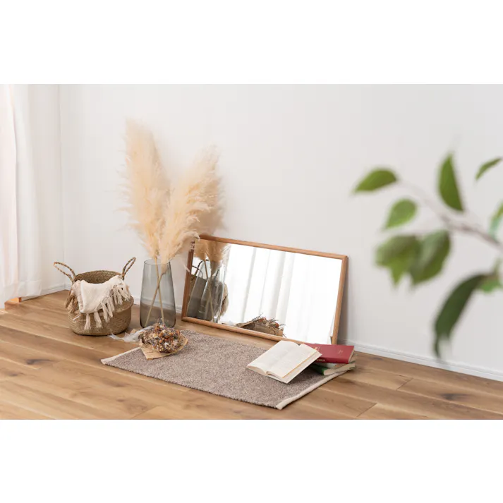 Room Essence ウォールミラー W80×D40×H3 ナチュラル 完成品 鏡 かがみ 壁 壁掛け 姿見 長方形 80×40 40×80 木製 天然木 オーク ドレッサー 玄関 リビング 飛散防止 シンプル 韓国 韓国インテリア 北欧 カントリー MTK-310NA【別送品】