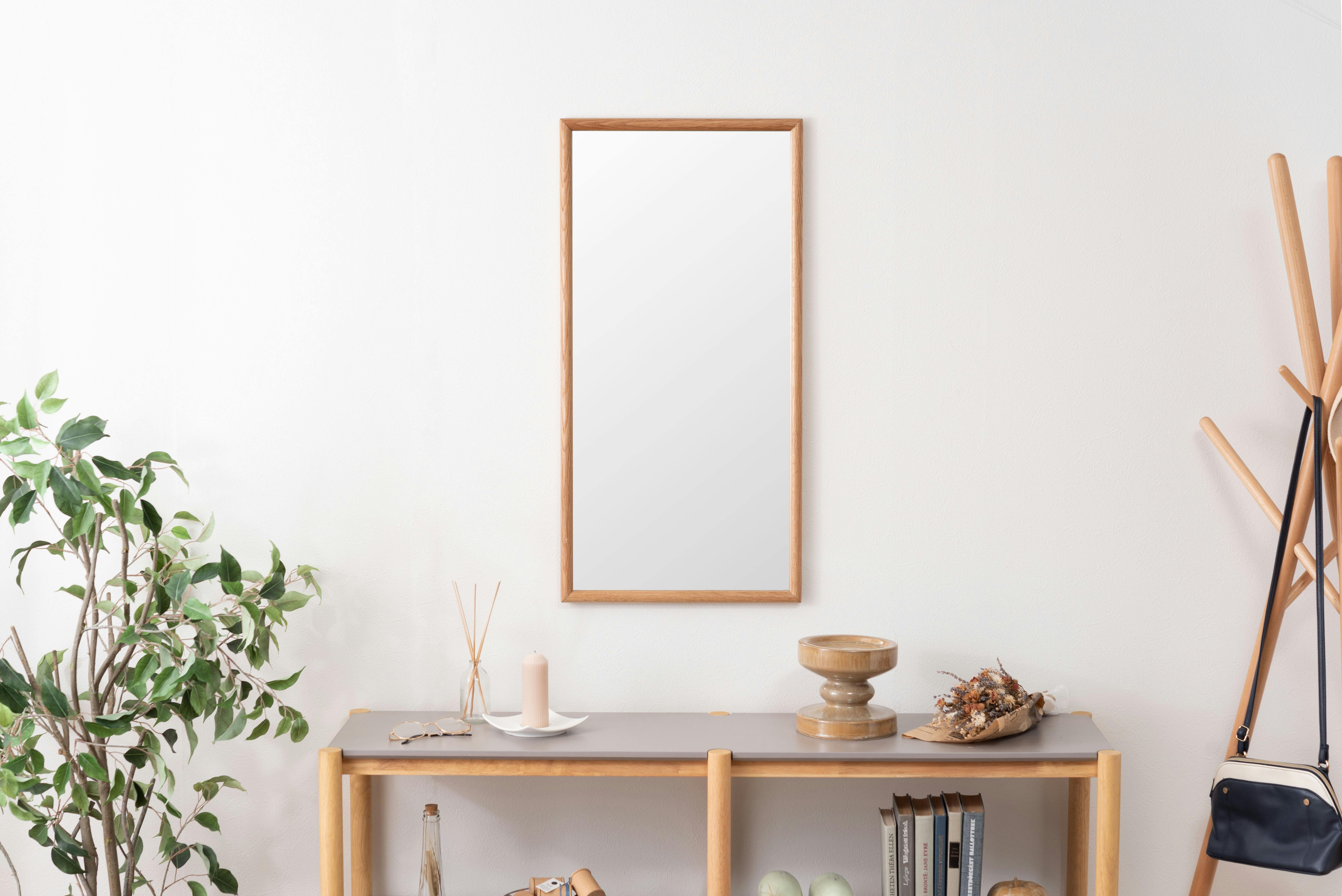 Room Essence ウォールミラー W80×D40×H3 ナチュラル 完成品 鏡 かがみ