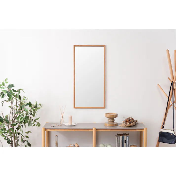 Room Essence ウォールミラー W80×D40×H3 ナチュラル 完成品 鏡 かがみ 壁 壁掛け 姿見 長方形 80×40 40×80 木製 天然木 オーク ドレッサー 玄関 リビング 飛散防止 シンプル 韓国 韓国インテリア 北欧 カントリー MTK-310NA【別送品】