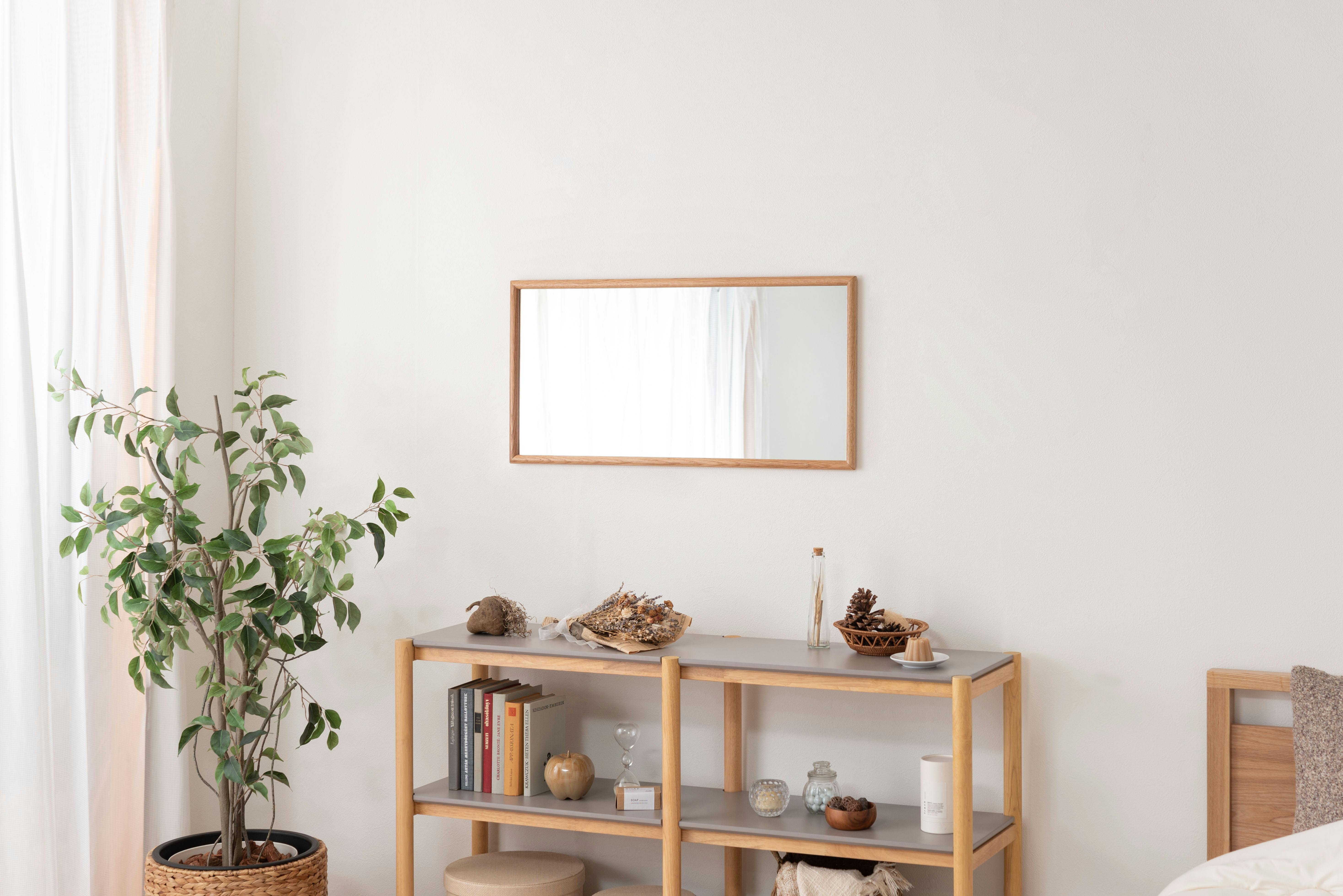 Room Essence ウォールミラー W80×D40×H3 ナチュラル 完成品 鏡 かがみ