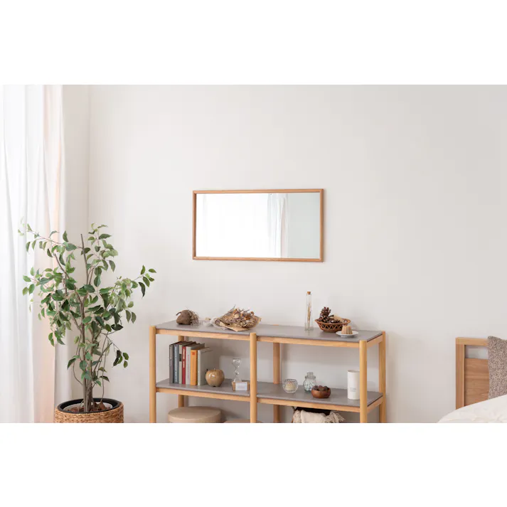 Room Essence ウォールミラー W80×D40×H3 ナチュラル 完成品 鏡 かがみ 壁 壁掛け 姿見 長方形 80×40 40×80 木製 天然木 オーク ドレッサー 玄関 リビング 飛散防止 シンプル 韓国 韓国インテリア 北欧 カントリー MTK-310NA【別送品】