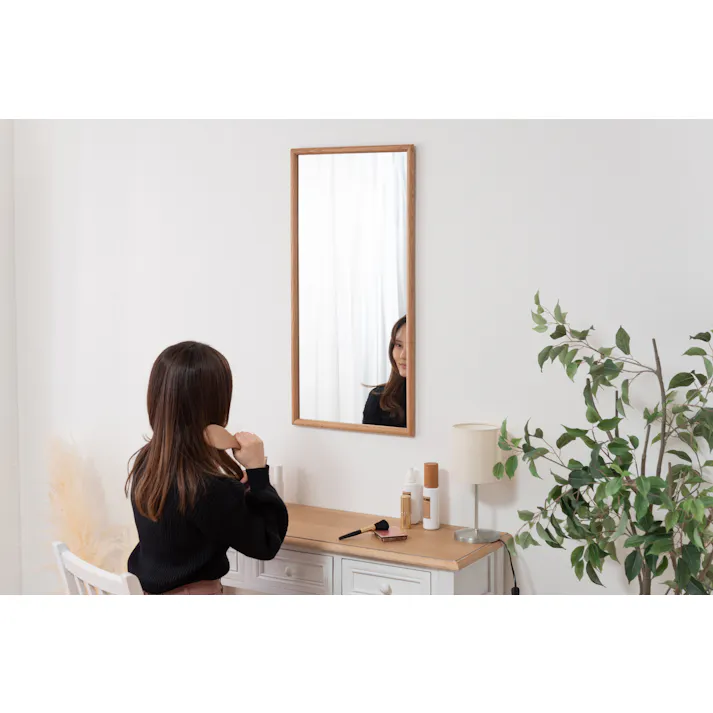 Room Essence ウォールミラー W80×D40×H3 ナチュラル 完成品 鏡 かがみ 壁 壁掛け 姿見 長方形 80×40 40×80 木製 天然木 オーク ドレッサー 玄関 リビング 飛散防止 シンプル 韓国 韓国インテリア 北欧 カントリー MTK-310NA【別送品】