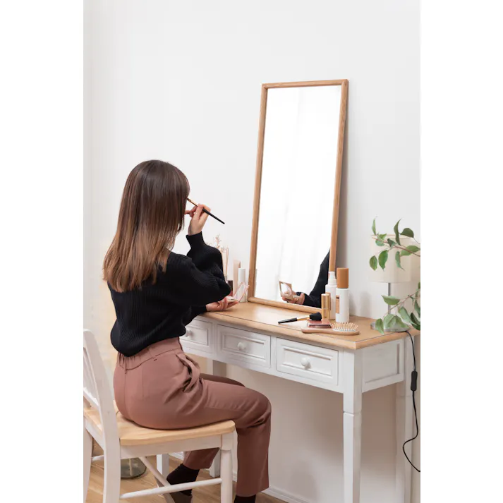 Room Essence ウォールミラー W80×D40×H3 ナチュラル 完成品 鏡 かがみ 壁 壁掛け 姿見 長方形 80×40 40×80 木製 天然木 オーク ドレッサー 玄関 リビング 飛散防止 シンプル 韓国 韓国インテリア 北欧 カントリー MTK-310NA【別送品】