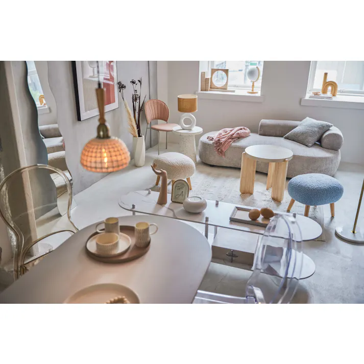 Room Essence スツール W50×D41×H38 ライトベージュ 組立式 丸椅子 ラウンド チェア イス 腰掛 円形 ブークレ生地 背もたれなし アームレス シンプル 無地 オットマン 1人掛け 簡易椅子 来客 玄関 いす 北欧 MYS-602LBE【別送品】