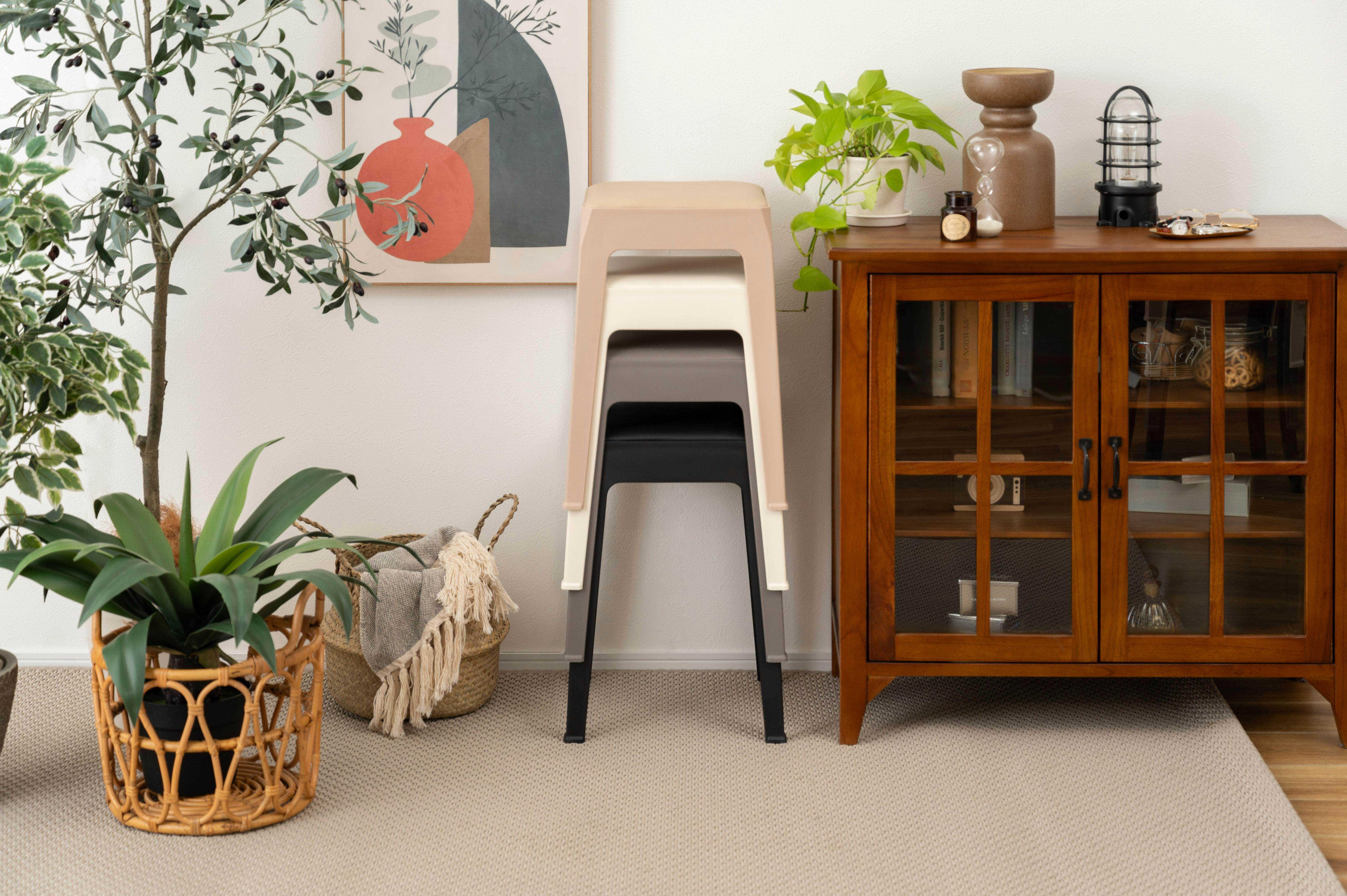 Room Essence スツール W33×D33×H46 ブラック 完成品 スタッキング