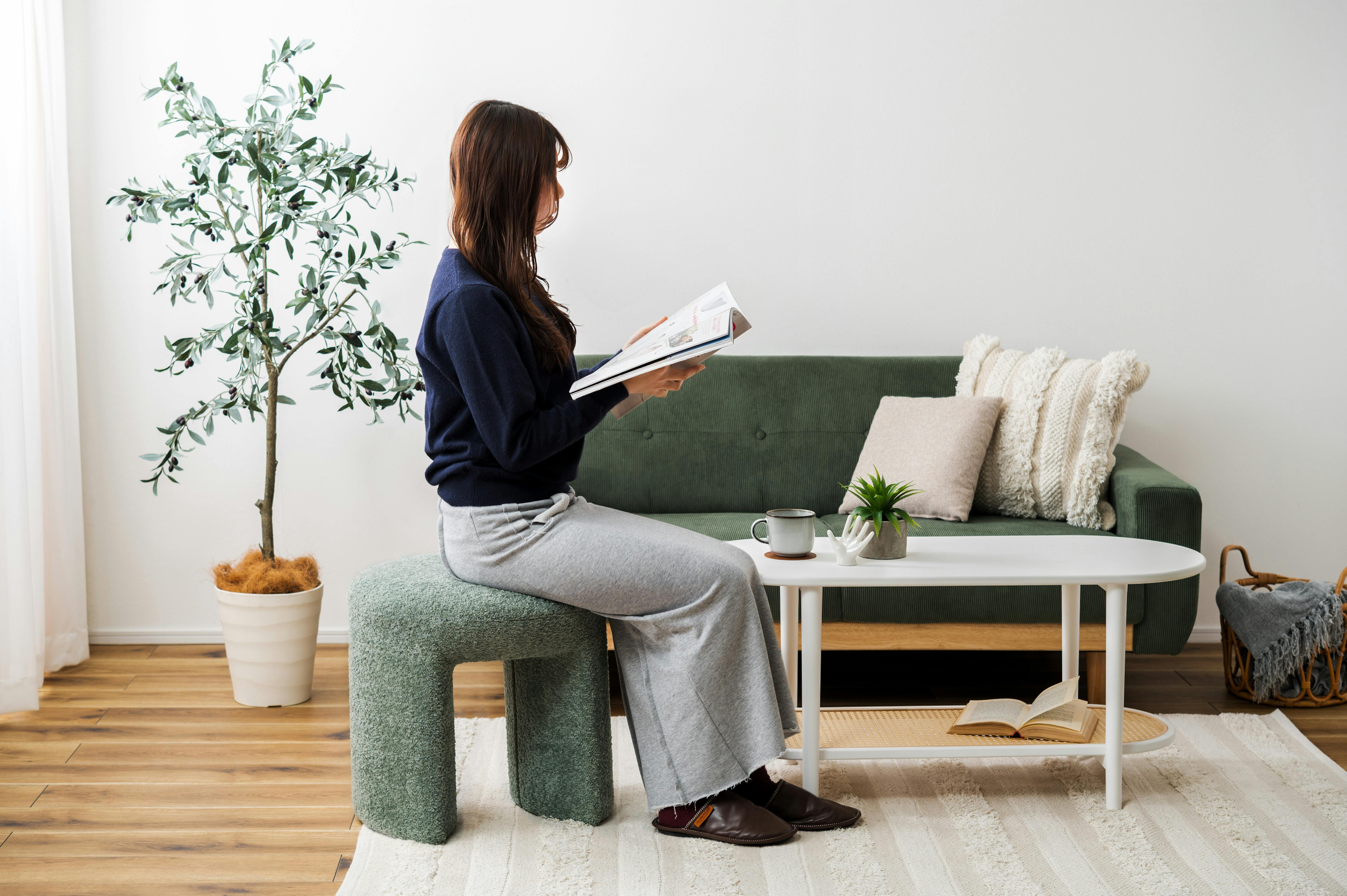 Room Essence スツール W47×D47×H46 グリーン 完成品 丸椅子 ラウンド