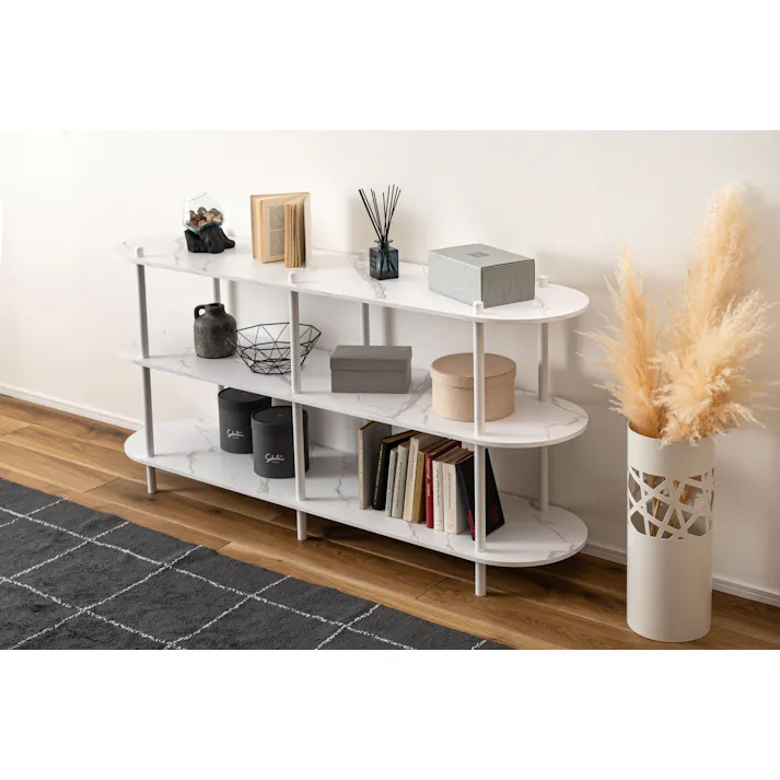 Room Essence オープンラック3段 W155×D38×H76 ホワイト ねじこみ式 収納棚 ディスプレイラック 大理石調 石目調 シック モダン 楕円形 リビング 見せる収納 スチール脚 PT-564WH【別送品】