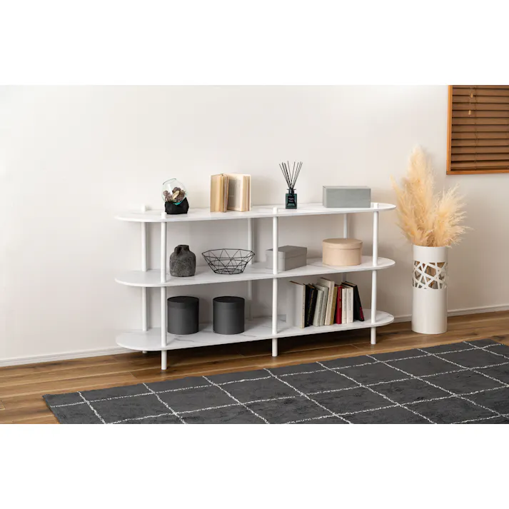 Room Essence オープンラック3段 W155×D38×H76 ホワイト ねじこみ式 収納棚 ディスプレイラック 大理石調 石目調 シック モダン 楕円形 リビング 見せる収納 スチール脚 PT-564WH【別送品】