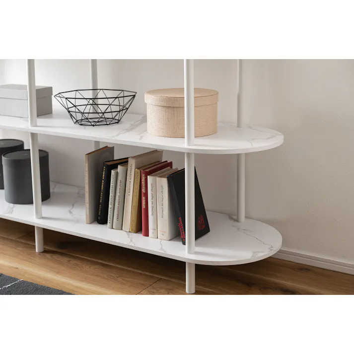Room Essence オープンラック3段 W155×D38×H76 ホワイト ねじこみ式 収納棚 ディスプレイラック 大理石調 石目調 シック モダン 楕円形 リビング 見せる収納 スチール脚 PT-564WH【別送品】