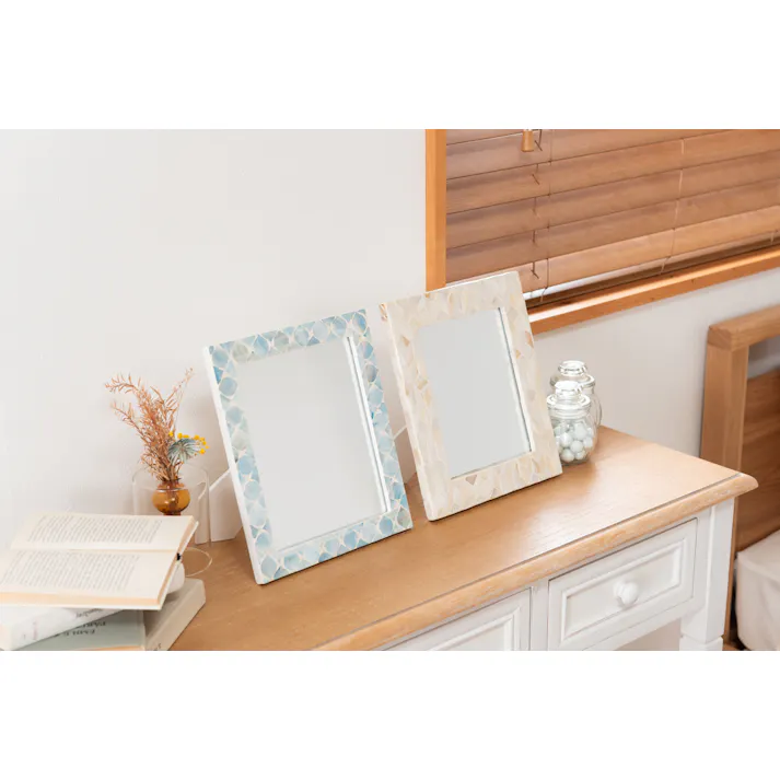 Room Essence ミラー W21×D2×H25 ブルー 完成品 マザーオブパールシェル パール貝 貝 海岸 天然 高級感 ラグジュアリー ナチュラル モダン アジアン ヨーロッパ 軽量 フェミニン シンプル かわいい おしゃれ パール SLY-602A【別送品】
