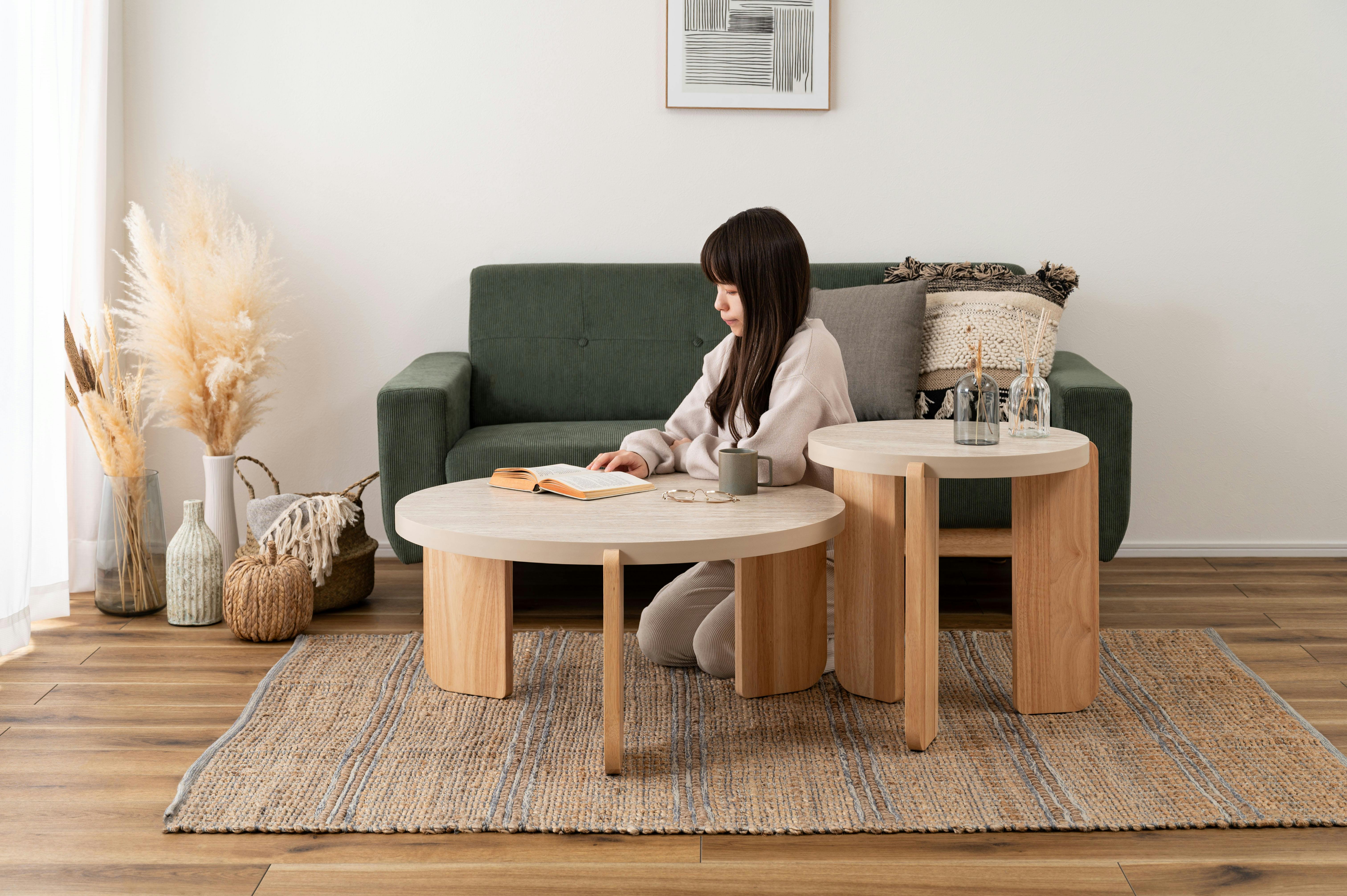 Room Essence ラウンドテーブルL W83×D83×H38 ベージュ 組立式 ネスト