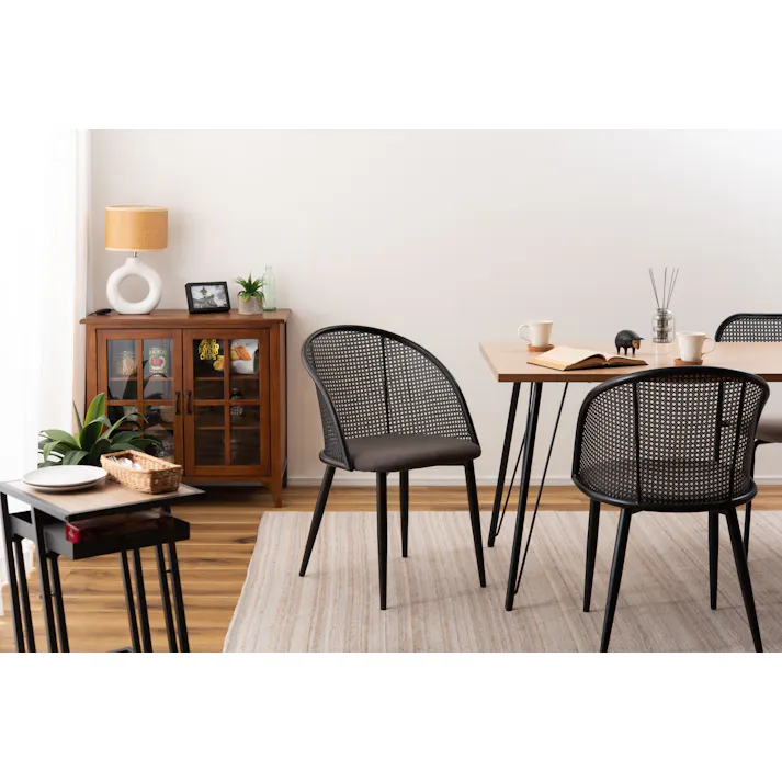 Room Essence チェア W51×D54×H80×SH46 ダークグレー 組立式 ダイニング おしゃれ 椅子 イス いす シンプル ラタン調 ファブリック 布地 スチール 背もたれ アームレス アジアン シンプル TOE-137DGY【別送品】