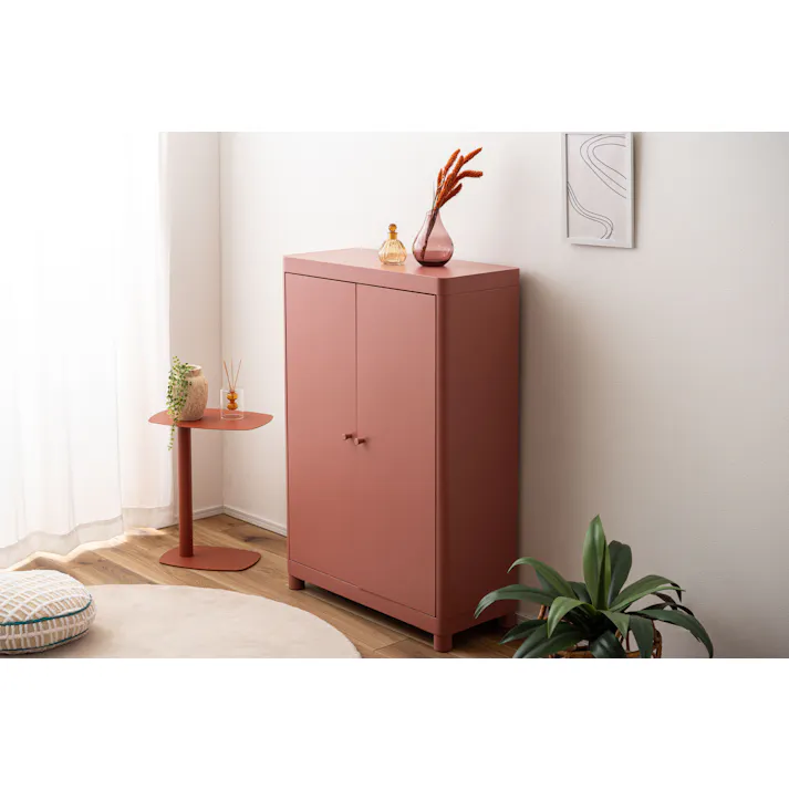 Room Essence チェスト W75×D33×H110.5 コーラルピンク 組立式 スチール おしゃれ リビング ロッカー 収納 ランドリー 更衣室 荷物入れ 扉付き ラック 整理 子供 TPN-50CPK【別送品】