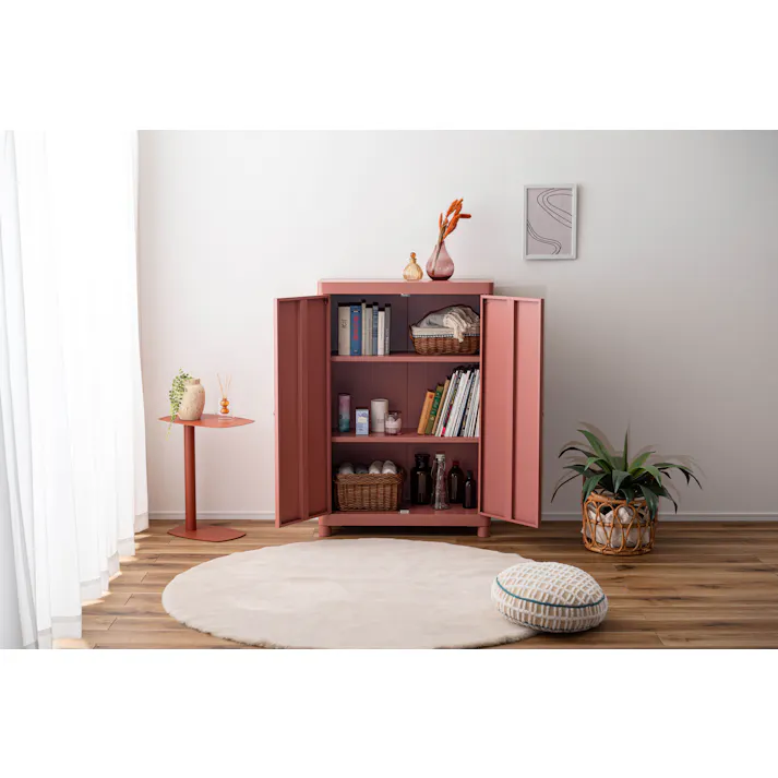 Room Essence チェスト W75×D33×H110.5 コーラルピンク 組立式 スチール おしゃれ リビング ロッカー 収納 ランドリー 更衣室 荷物入れ 扉付き ラック 整理 子供 TPN-50CPK【別送品】