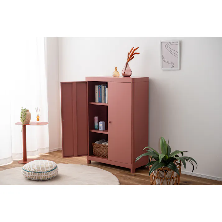 Room Essence チェスト W75×D33×H110.5 コーラルピンク 組立式 スチール おしゃれ リビング ロッカー 収納 ランドリー 更衣室 荷物入れ 扉付き ラック 整理 子供 TPN-50CPK【別送品】