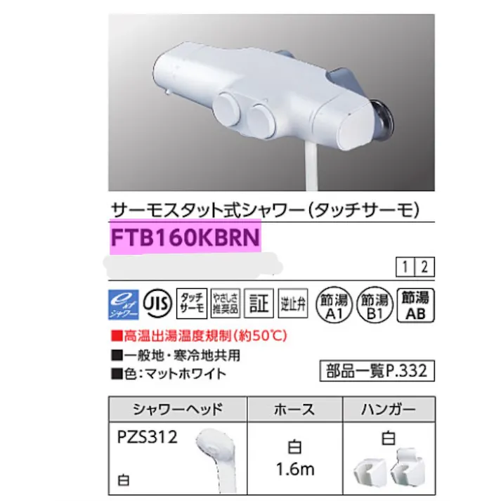 KVK サーモスタット式シャワー(タッチサーモ) マットホワイト FTB160KBRN【別送品】