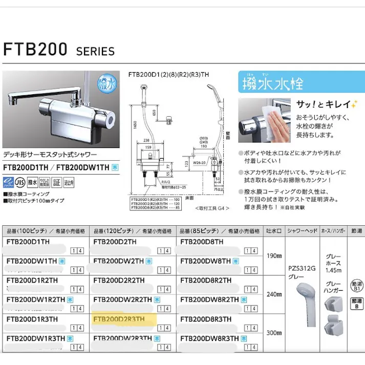 KVK デッキ形サーモスタット式シャワー FTB200D2R3TH【別送品】