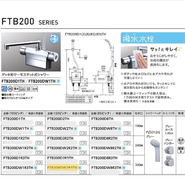 KVK (寒) テﾞッキ形サーモスタット式シャワー FTB200DW2R3TH【別送品】