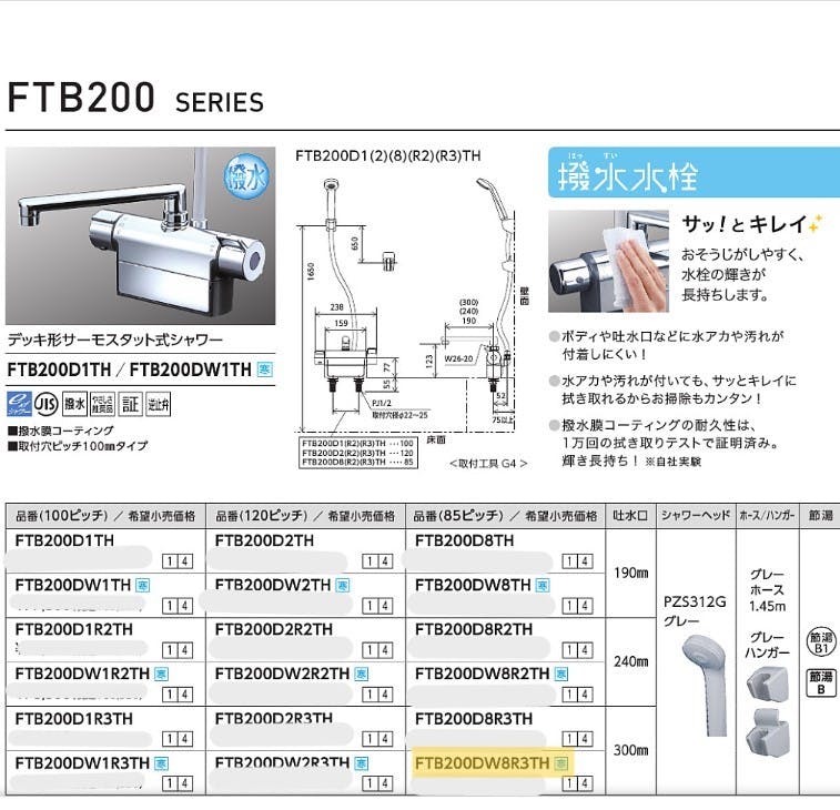 KVK (寒) テﾞッキ形サーモスタット式シャワー FTB200DW8R3TH【別送品】