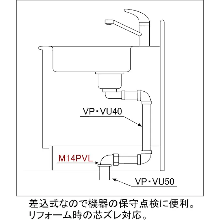 ミヤコ 塩ビパイプ用L型排水アダプタ 寸法45×50mm M14PVL 4909730844570