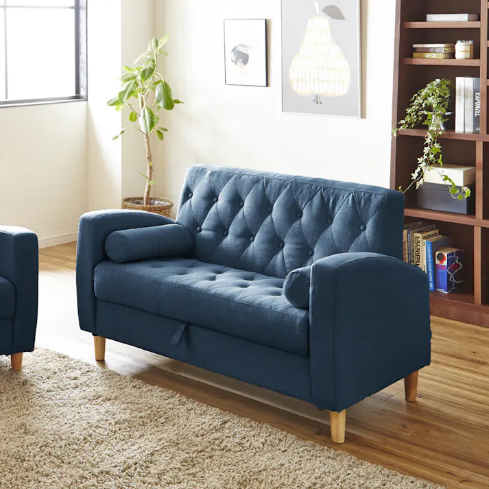 後藤家具物産 収納庫付き2人掛けソファー クララ/ブルー色 Size:123×72×73 軒先渡し 4571501390014 【別送品】