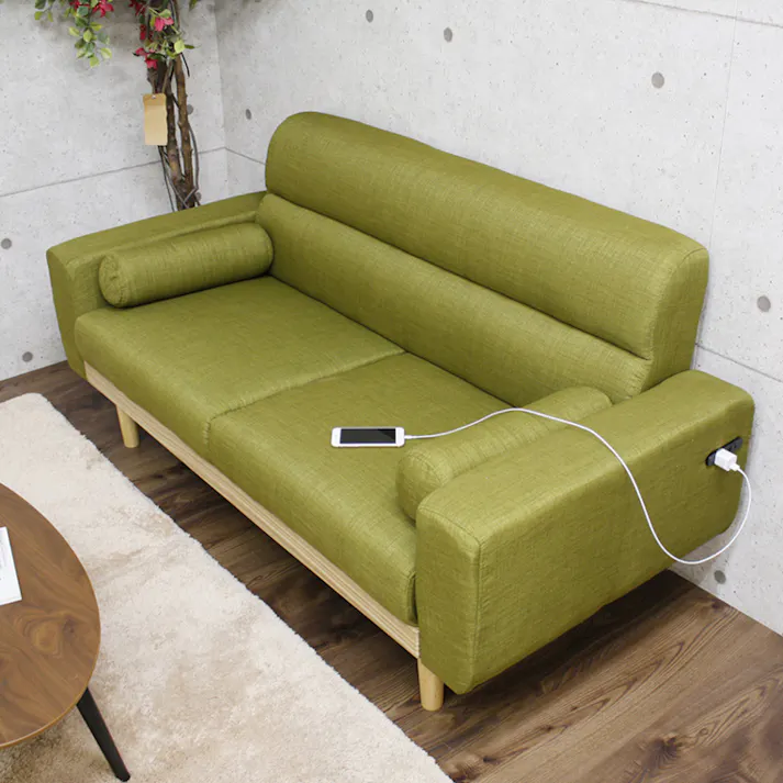 後藤家具物産 側面2口コンセント付き2.5人掛けソファー ハウ/グリーン色 Size:159×74×75 軒先渡し 4571501390410 【別送品】