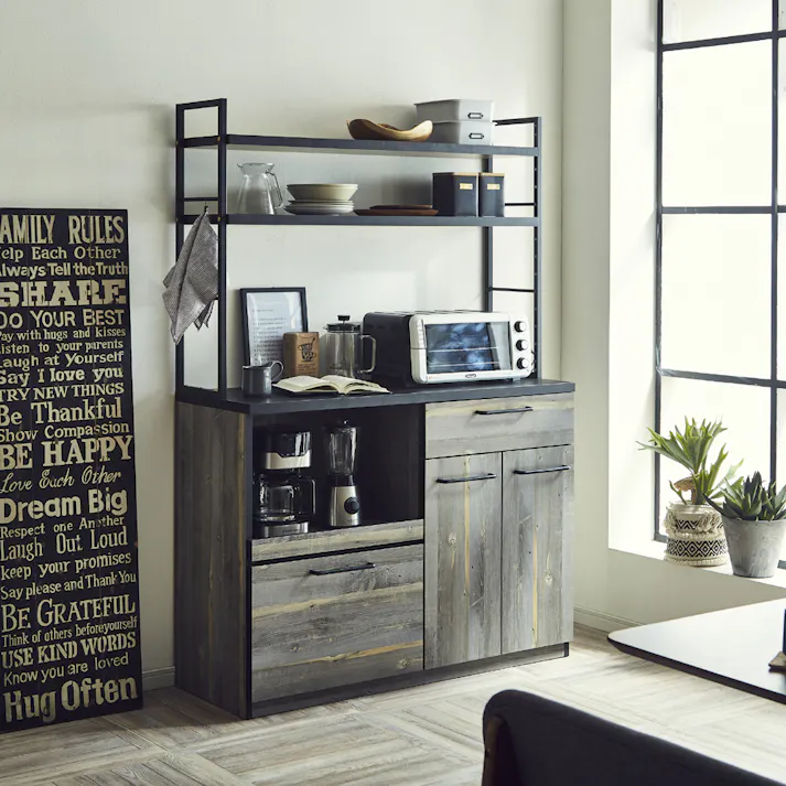 後藤家具物産 古木風木目柄のアイアン仕様の異素材カップボード アイン/幅120cm/棚板タイプ/ブルックリン色 Size:120×45×183 軒先渡し 4571501395095 【別送品】