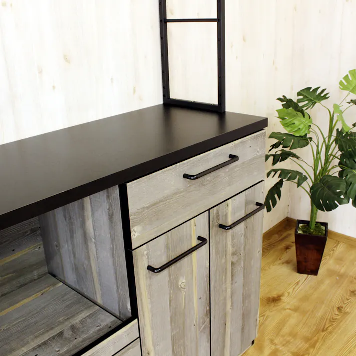 後藤家具物産 古木風木目柄のアイアン仕様の異素材カップボード アイン/幅120cm/棚板タイプ/ブルックリン色 Size:120×45×183 軒先渡し 4571501395095 【別送品】