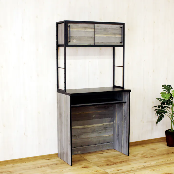 後藤家具物産 古木風木目柄のアイアン仕様の異素材カップボード アイン/幅90cm/引戸タイプ/ブルックリン色 Size:90×45×183 軒先渡し 4571501395101 【別送品】