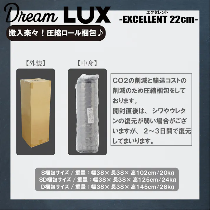 後藤家具物産 ドリームラックス エクセレント Dサイズノンコイル圧縮ロールマットレス ダブルサイズ 厚み22cm 1400×1950×220 ノンコイルマットレス ベットマットレス 高反発ウレタン コイル無し PIM-DLUX-EXE-D【別送品】